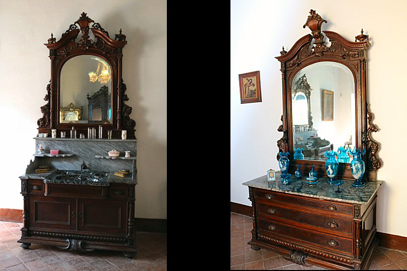 the washbasin mounted into a cabinet and the cabinet with blue vases