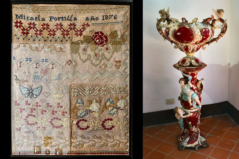 the etamine piece from 1876 and the Majolica flower vases