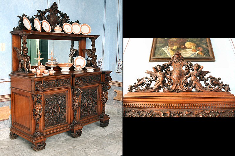 the china closet with mirror has excellent wood carving