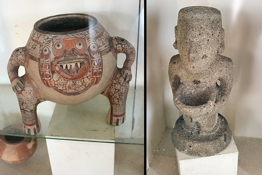 the 6th century pan with zoomorphic handle from Central America on the left and the stone statue of Aztec culture, representing the assistant of the priest carrying casserole for offering on the right