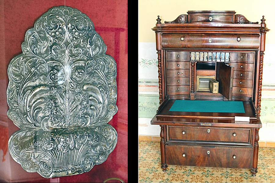 The silver florones made in Havana in the 19th century and the mahogany desk with mother of perls (19th century).