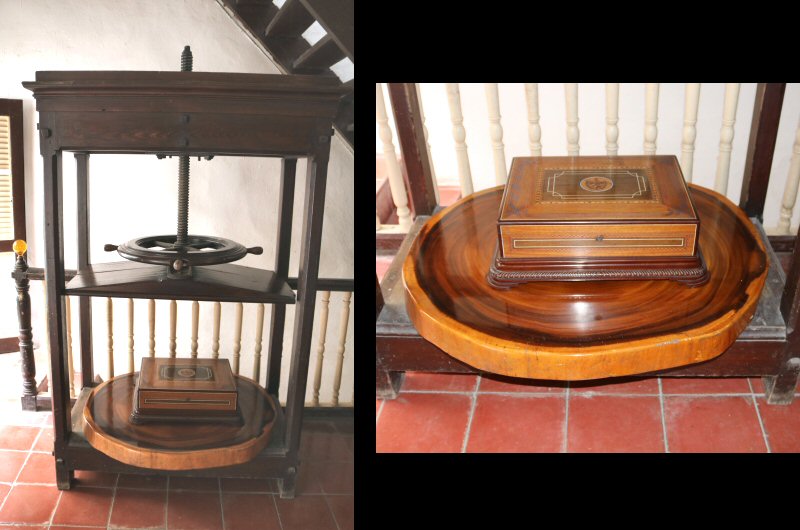 The nineteenth-century press of the La Corona factory, the nice humidor and the big polished wooden ashtray