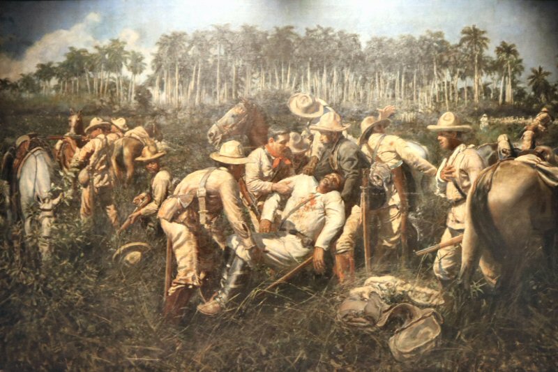 The remarkable oil painting with the title of La Muerte de Maceo, painted by the Cuban artist Armando García Menocal in 1908. It illustrates the fall of Antonio Maceo in the battle against the Spanish troops in San Pedro Arriba in September 12, 1899.