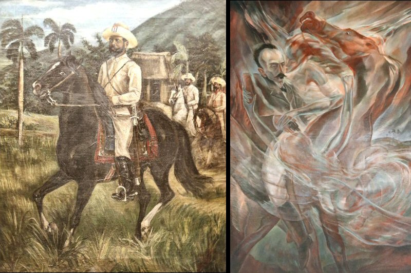 (on the left) Antonio Maceo is represented riding on his horse by the Cuban painter Eduardo Urzais in 1897. (on the right) The oil painting of the Cuban artist Carlos Enriquez Moreno, done in 1939, reflects the fall of José Martí in the battle against the Spanish in Dos Rios in May 19, 1985.